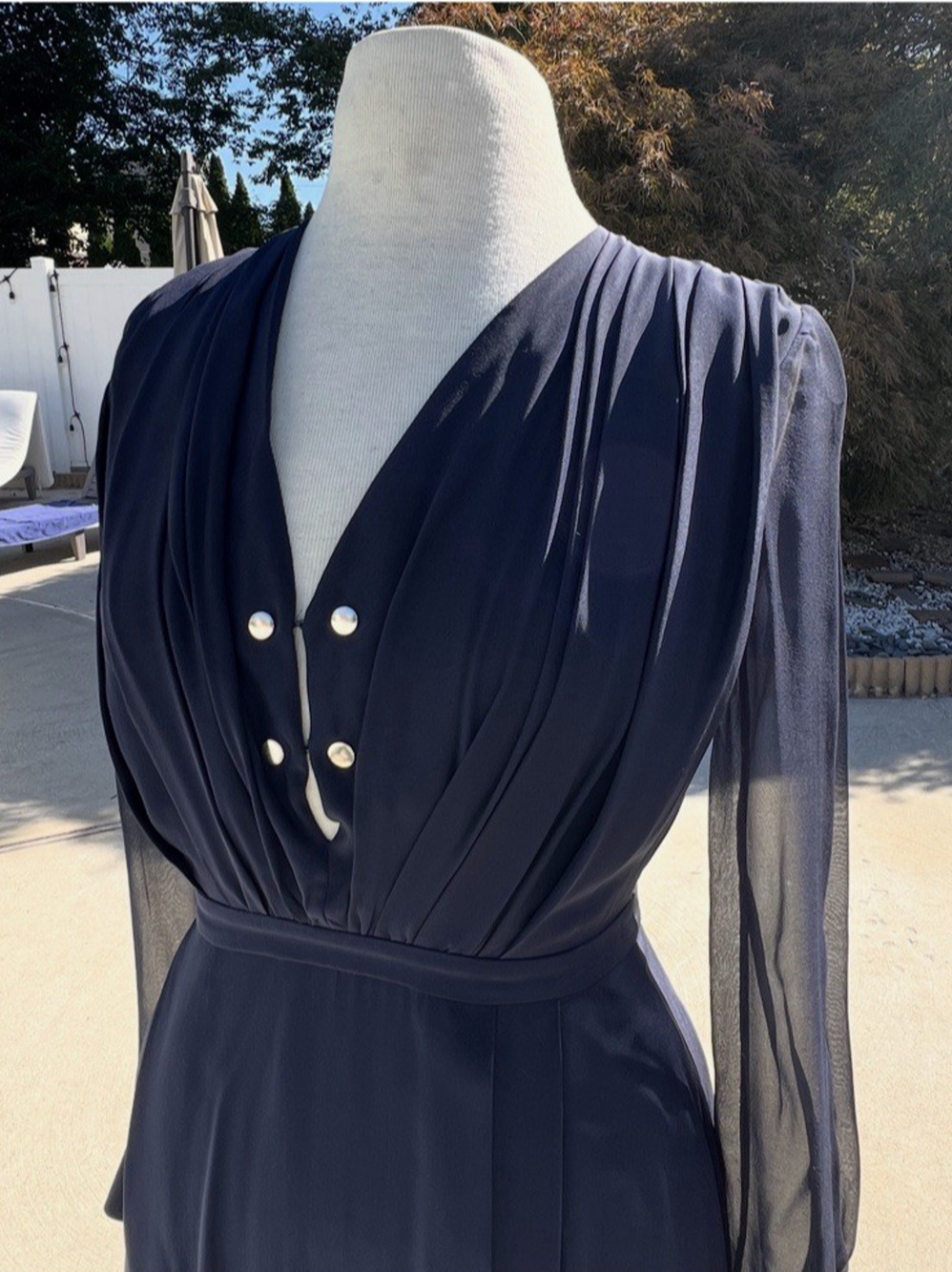 ALtuzarra dress Womens Size 38 Navy Blue Long Sheer Sleeve V-neck 100% Silk lux